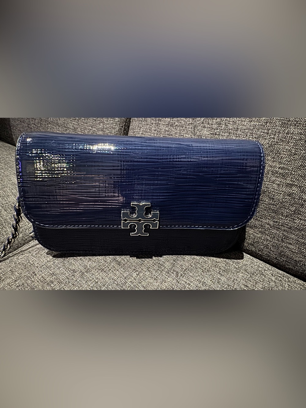 Tory Burch Navy Pebbled Leather crossbody wristlet with silver Hardware